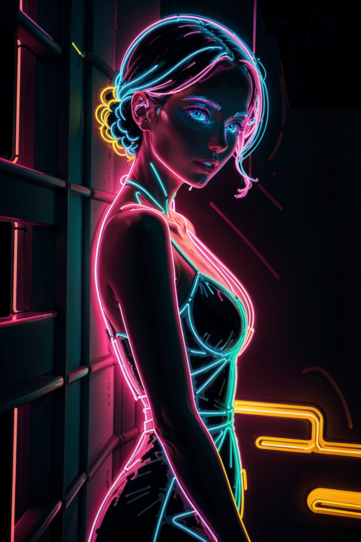 neon_outlines, close up, classy woman in a long evening dress, upscale gala event  <lora:neolin3:0.8>, <lora:add_detail:0....