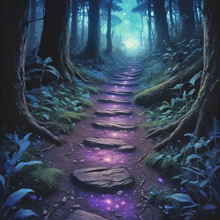 <lora:SDXLFaeTastic2400:0.5>, space made foot steps, glowing tracks,foot print,from above,fantasy ,in forest,black patterned,all blue and purple shades,,Sketched, Sepia filter, organic, detailed, deep rich colors, fine detail, luxury, cinematic, positive emotional, hkmagic, glowing,