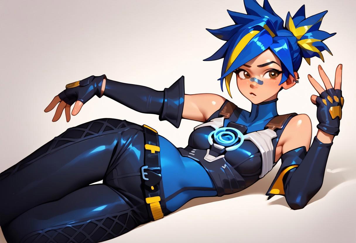 score_9, score_8_up, score_7_up, score_6_up, ,anime, manga, Detailed hands, perfect hands, detailed five fingers, perfect five fingers, 1girl,solo,Tracer,spiked hair, small breasts,Eatsleep1111,neonSDXL,1girl,solo,blue hair,yellow hair,multicolred hair,gloves,bare shoulders,brown eyes,detached sleeves,black gloves,elbow gloves,belt,pants,fingerless gloves,streaked hair,black pants,silver bandaid,bandaid on face,olive skin,bandaid on nose