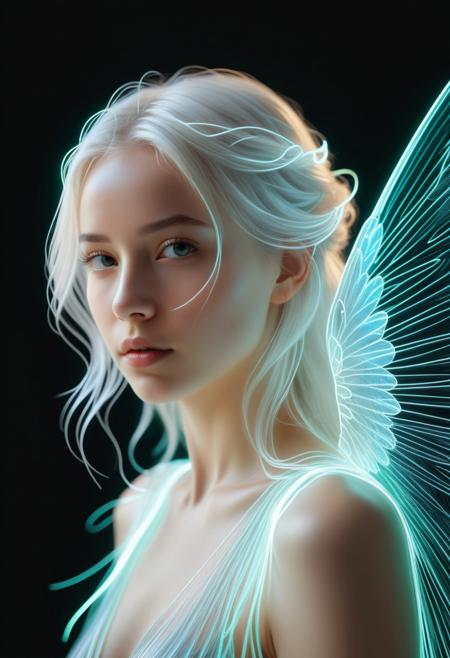 (tiny neon glass filaments,)
face focus, face closeup,
beautiful innocent woman, pale skin, fairy girl, white hair,swirling magical fairytale abstract, (wings attached to shoulders:1.1),  ArtStation style tiny neon glass filaments, made of, tiny neon glass filaments, w0gf1l