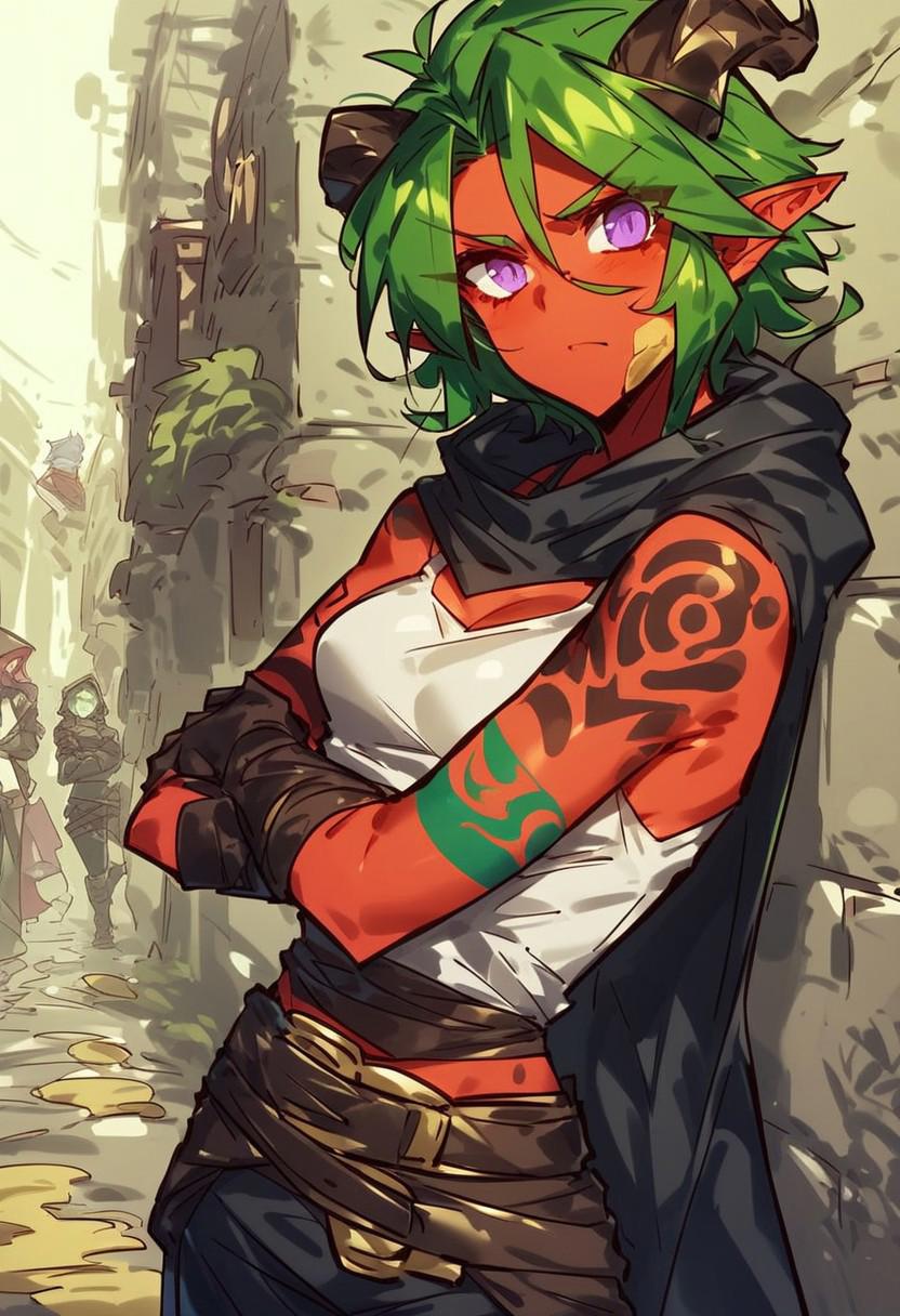 aqe, jzj, ratings_safe, score_9, score_8_up, score_7_up, score_6_up, source_furry, antro, lineart, dutch_angle, 1girl, (solo:1.1),
tiefling, pale red skin, slender, small breasts, short hair, green hair, messy hair, purple eyes, small horns, (arm tattoo:1.3), rogue,
black pants, white tank-top, rogue armor, black cloak, hood, leather belts, arm sleeves,
(fantasy, medieval, alley, muddy, slums:1.1), 
standing, (hiding:1.1), mischief, observing, determined, crossed arms