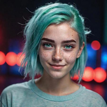 19 year old woman with a cute face. Large eyebrows and green eyes. Ice-blue hair and a freckled face. She smirks. Photorealistic image. High resolution. In the background there is Cinematic light with blue and red neon lights