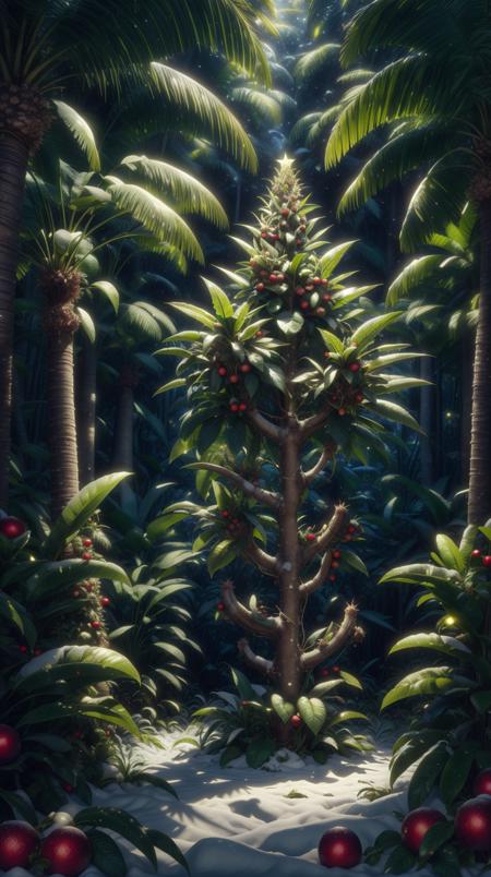 <lora:ChristmasWintery:0.8> ChristmasWintery lush banana plants laden with ripe fruit in a tropical forest, (Masterpiece:1.3) (best quality:1.2) (high quality:1.1)