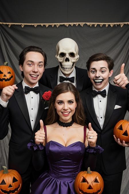 In front of a Halloween-themed backdrop adorned with hand-painted bats, cobwebs, and flickering jack-o'-lanterns, a group of quirky monsters pose for a 'prom photo.' Each monster is dressed in their own eccentric take on formalwear: a towering, furry creature in a frilly suit, a vampire with a ruffled collar holding a bouquet of black roses, and a skeleton wearing a crooked bowtie and an oversized corsage. The creatures stand awkwardly in classic prom poses, with one ghostly figure giving a shy thumbs-up and another zombie with braces flashing a toothy grin. The makeshift backdrop, made from mismatched sheets and strings of plastic Halloween lights, adds a charming DIY touch, creating a fun, nostalgic moment as these lovable monsters capture their spooky prom night memory.