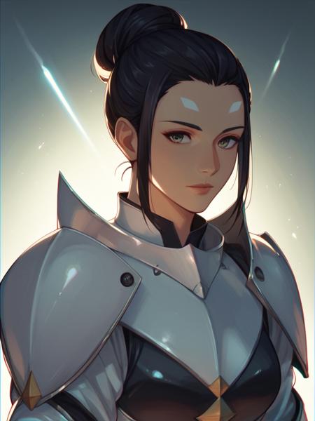 senyatirall, zakuul_knight_armor, facial_marking_above_eyes, older woman, black hair, hair bun, white armor