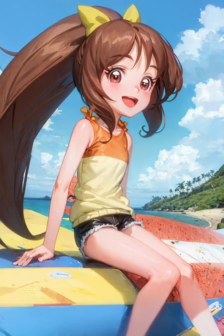 sndmio, brown eyes, long hair, brown hair, ponytail, hair bow, jacket, short shorts, :d, looking at viewer, beach <lora:sounanda-mio-000003:1>