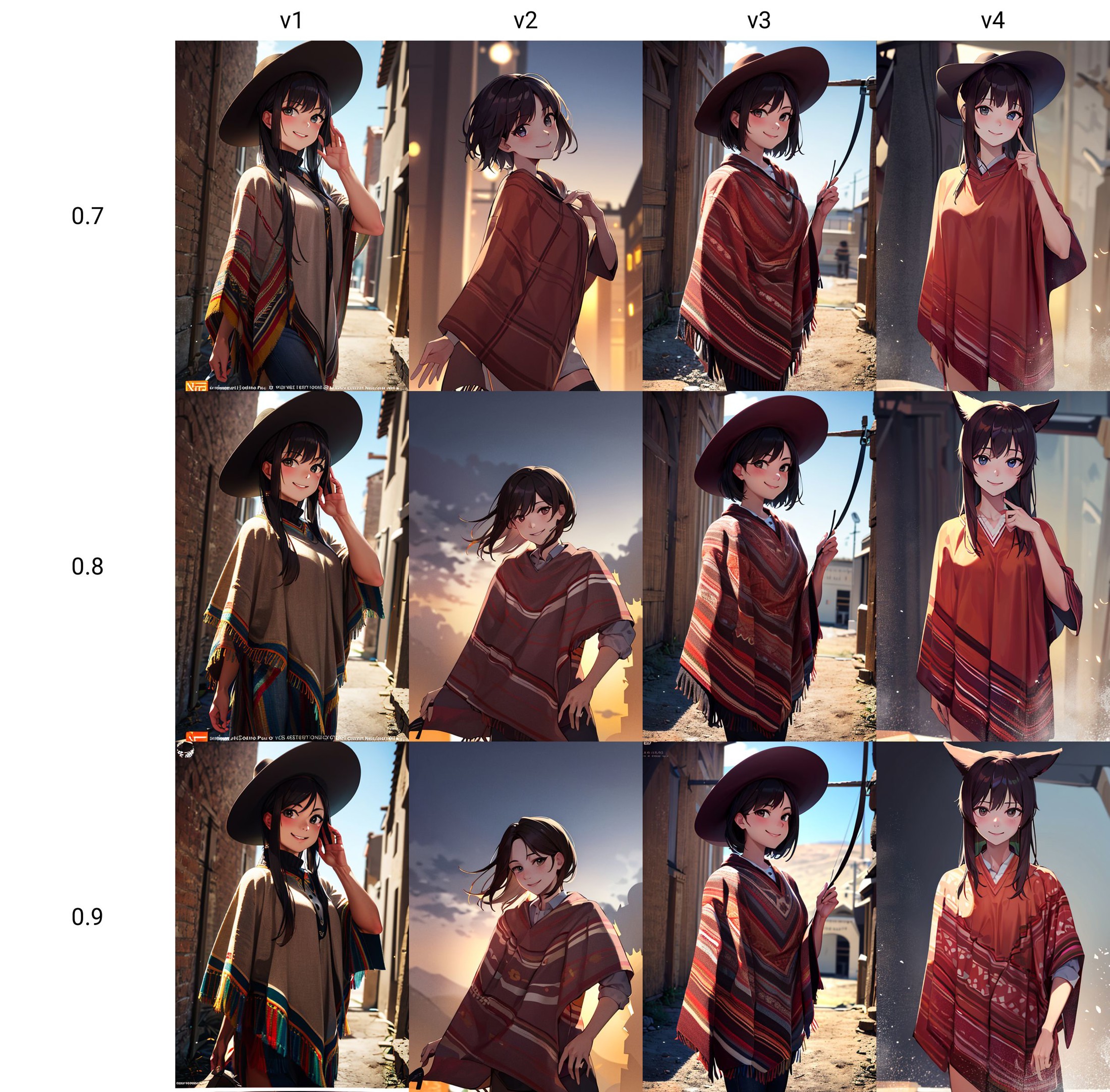 ((masterpiece,best quality)), absurdres,
<lora:Poncho_v1:0.7>, Poncho, 1girl, 
solo, smiling, looking at viewer, cowboy sh...