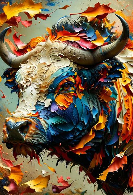 This vibrant, eye-catching image presents a captivating and boldly stylized depiction of a buffalo or bull. The use of vivid, contrasting colors - the fiery orange and red hues against the rich, earthy tones of the animal's fur - creates a striking, almost electric visual impact.
The expressive, almost impressionistic brushwork lends a sense of movement and energy to the composition, giving the impression that the animal is alive and dynamic on the canvas. The bold, abstract patterns and textures that cover the buffalo's body add an intriguing layer of visual interest and depth.
The centered composition, with the buffalo's head and horns filling the frame, draws the viewer's attention directly to the powerful, intense gaze of the animal. This direct eye contact creates a sense of engagement and connection between the viewer and the subject, inviting contemplation and interpretation.
The overall impression is one of raw, primal power and energy, suggesting themes of strength, resilience, and the untamed essence of the natural world. This image could serve as a highly versatile prompt for a range of creative endeavors, from written narratives and poetic explorations to further artistic interpretations in various media.
The vibrant, almost hallucinatory quality of the colors and the dynamic, . ral-drptpl