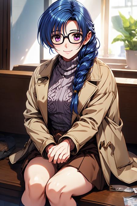 1girl, mansion, cowboy shot, sitting, smile, looking at viewer, 
doukoku_kosuzu, purple eyes, blue hair, long hair, single braid, glasses, coat, long sleeves, turtleneck, beige sweater, brown skirt, socks, <lora:doukoku_kosuzu_lora_ver1:0.7>, best quality, masterpiece, highres, <lora:GoodHands-vanilla:1>