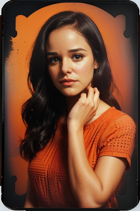 MelissaFumero, Century Camera Co. Studio, 160mm f/8, 1/10s, ISO 25, ((tintype:1.3)), ((portrait, full color, bold color, orange, red, gradient)), blouse, ((geometric halftone background))