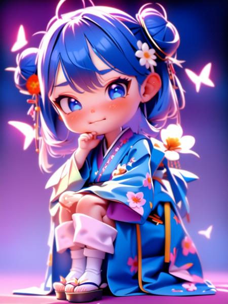 pixar, 1girl, solo, blue eyes, flower, blue hair, sitting, hair ornament, japanese clothes, looking at viewer, kimono, blue background, hair flower, chibi, double bun, sash, gradient, full body, white flower, gradient background, hair bun, no pupils, long sleeves