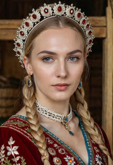 8k, UHD, photorealistic full-body vintage portrait, beautiful Russian young woman, 22yo, blonde, hairstyle of two braids, in a long Russian national vintage costume of XVI century, decorated with precious stones, in the Russian hut, ((detailed face, very detailed animate eyes, detailed hair)), ((high Russian kokoshnik)), friendly expression on her face, ((detailed skin, visible pores on the skin)), ((slender beautiful figure)), correct anatomy, make-up, against the background of Russian nature, DSLR, Nikon Z 55 mm, depth of focus, detailed background