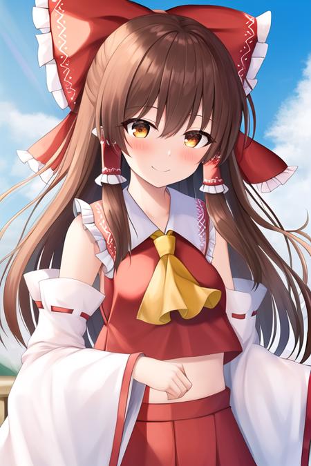 masterpiece, best quality, highres, solo, {hakurei_reimu_touhou:1.10}, bow, hair_bow, hair_tubes, red_bow, brown_hair, long_hair, bangs, ascot, sidelocks, brown_eyes, frilled_bow, yellow_ascot, smile, blush, hair_between_eyes