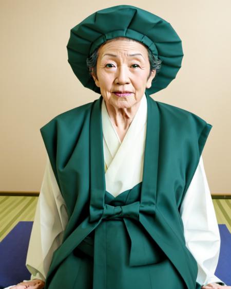 Green hat, <lora:gilet_for_level61_v1:0.7>, hanbok, old woman, what, real life insert, Wrinkle, Green vest