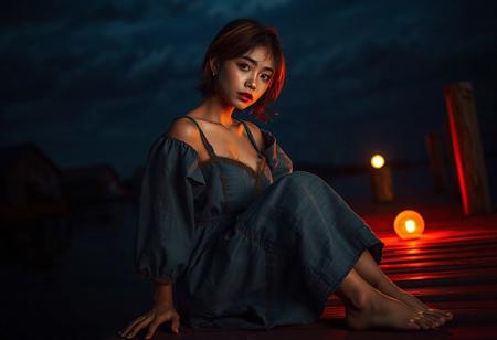 masterpiece photography, perfect timing, perfect quality,16k, very detailed, highly detailed, realistic, dark horror theme, 
fair dark skin, slim, huge perky breasts, blurry background, noight background, alluring, pose,
blue linen medieval peasant dress, brown stitching, short hair,
a slim asian woman, around 40, dark skin, red hair, short wet hair, loose hair, dreamy eyes, thick thighs, small hands, small feeds, dynamic angle, sweaty, hair tucked behind her ear, medieval, romance, horror, dreamy looking, docks, dark sky, fine clouds, dark night, low angle, side view, sitting on wooden dock, barefoot, small orange glowing glass ball illuminating the shot in dim light, cold color grading with red highlights und deep darks