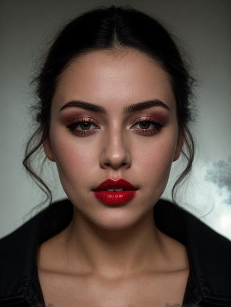 close-up photograph, bright red lips, parted lips, visible breath, mist from mouth, steam rising from parted lips