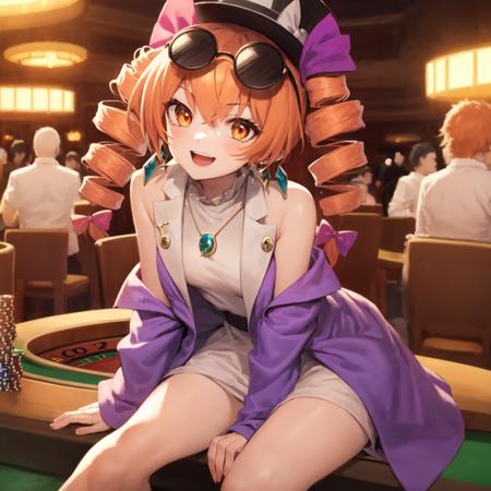 1girl, solo, yorigami jo'on, orange hair, drill hair, eyewear on head, orange eyes, jewelry, bow, white dress, purple jacket, pendant, earrings, black hat, sitting, looking at viewer, casino, crowd, smile, open mouth <lora:char-joon:1>