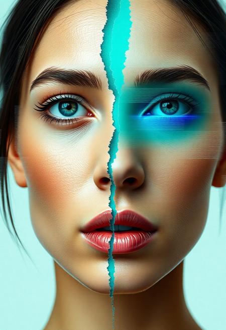A hyper-realistic portrait of a woman, her face split into two halves, one natural and warm-toned, the other rendered in cool teal hues, symbolizing duality. The facial halves fracture outward into floating rectangular shards, digitally dissolving into space. Glitch distortions are integrated throughout: fragmented pixel slices, subtle RGB channel splitting, and scanline interference that give the impression of a corrupted digital image. The edges of the teal half blur into horizontal pixel streaks, while the warm half fragments into smooth geometric blocks. The background is minimal and light, emphasizing the striking digital distortion and futuristic aesthetic. The overall mood conveys identity, transformation, and the collision of organic beauty with digital imperfection.