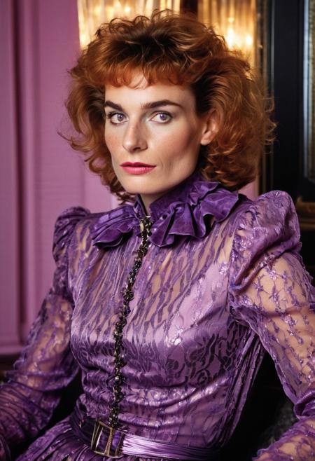 1boy,
A highly detailed best quality photography from the (year 1986:1.5) shows Catherine, a French (mature) femboy in a contemporary bar room. He leans lasciviously on a stylish chaise longue, half sitting, half lying down and looks at the viewer with a demeaning and arrogant smile on his face. 
The androgynous face of the Sissy with (narrow-set) wide open dark eyes, (long heavily crucked nose), (slim lower jaw), freckles and a (underbite) is (odd) but tells the interesting story of a live. The aged skin is wrinkled and shows agespots. The intricate wavy long ginger hair with (dark highlights) is elaborated. He has a masculine (flat chest:1.8). A heavy collar choker adornes the neck. He wears precious jewelry, Creole earrings and bangle bracelets. He wears a stunning and extravagant (1980s style evening dress:1.5).
The futuristic 1980s style decadent and modern furnished room is painted in changing purple and silver colors. Futuristic wall lights create an intimate, subtle lighting atmosphere.