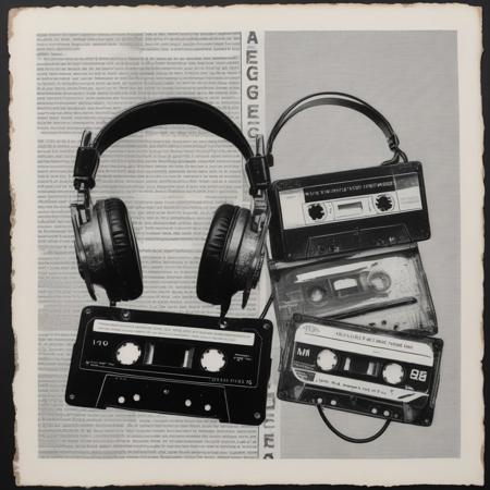 Outsider art. 
A punk stencil photocopy print of a magazine image of tape cassettes and a pair of retro headphones. Print errors, halftone dots. grungy print registration errors.