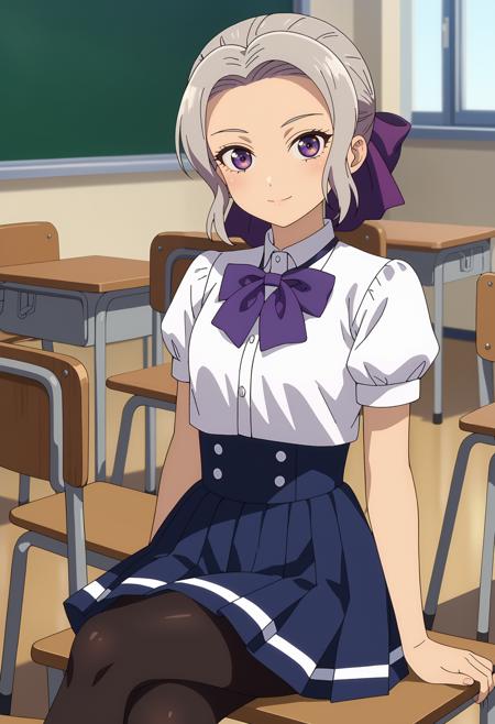 short hair, grey hair, parted bangs, purple eyes, hair bow, purple bow ShinoSchool, blazer, brown jacket, purple bowtie, buttons, long sleeves, pleated skirt, blue skirt, black pantyhose ShinoSchool, white shirt, purple bowtie, puffy short sleeves, high-waist skirt, pleated skirt, blue skirt, black pantyhose ShinoCasual, sleeveless shirt, frilled shirt, ribbed shirt, white shirt, neck ribbon, black ribbon, purple shorts, pantyhose under shorts, (black pantyhose:1.2) ShinoBikini, blue bikini, (white ribbon:1.2), small breasts