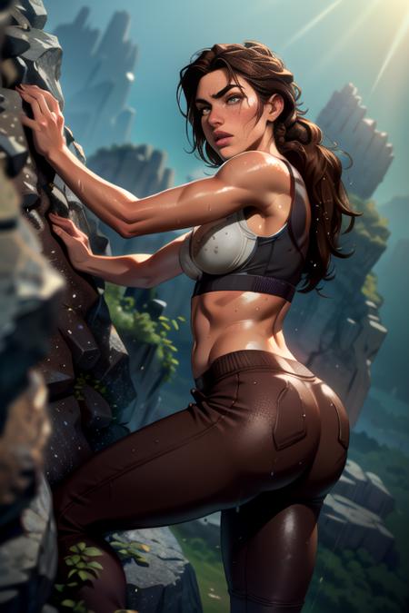 lara_croft, (laracroft:0.3), angry, shouting, <lora:Sagging breasts:0.8>, (wet_hair, wet_skin), (climbing:1.2), (from_above:1.7), (breasts_apart, small_breasts, sagging_breasts:1.2), (sports_bra:1.6), (sweatpants:1.3), (rocks, sky, horizon), <lora:3DMM_V12:0.5>, 1girl, wide_hips, freckles, thick_eyebrows, brown eyebrows, thick_lips, brown hair, single_braid, messy hair, absurdres, intricate, masterpiece, best quality, highly detailed, (action scene), depth of field, dynamic pose, dramatic angle, 8k, highly detailed, unreal engine, photo, photorealistic, hyperrealistic, cinematic lighting, cinematic composition, beautiful lighting, sharp, details, hdr, 4k