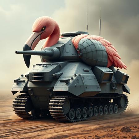 A formidable tank designed to resemble a massive flamingo rolls across the battlefield. The body of the tank is heavily armored, with its turret shaped like the rounded torso of a flamingo, covered in thick, metal "feathers" that provide both protection and a menacing look. The front of the tank features a sharp, beak-like cannon, capable of firing high-powered shells, while smaller weapons are mounted along the sides, where mechanical "wings" fan out to shield the vehicle. The tracks, disguised as powerful, clawed feet, dig into the ground as the tank advances, leaving deep impressions behind. At the top, the rotating turret mimics the flamingo’s head, with small, glowing black "eyes" scanning the surroundings for threats. The tank's exhaust pipes extend from the rear, giving the impression of tail feathers as they spew smoke. Despite its comical shape, this flamingo-inspired war machine exudes an intimidating presence on the battlefield.