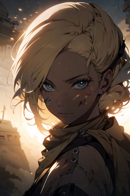 (Cinematic Photo:1.3) of (Realistic:1.3),(Energetic:1.3) an girl, (modern headscarf on:1.1), (long blond hair:1.2), (Combat paint on the face:1.1), in sand desert, (sandstorm:1.5), (haze:1.3), bokeh,Highly Detailed,(Warm Colors:1.3),(close portrait:1.3),thematic background