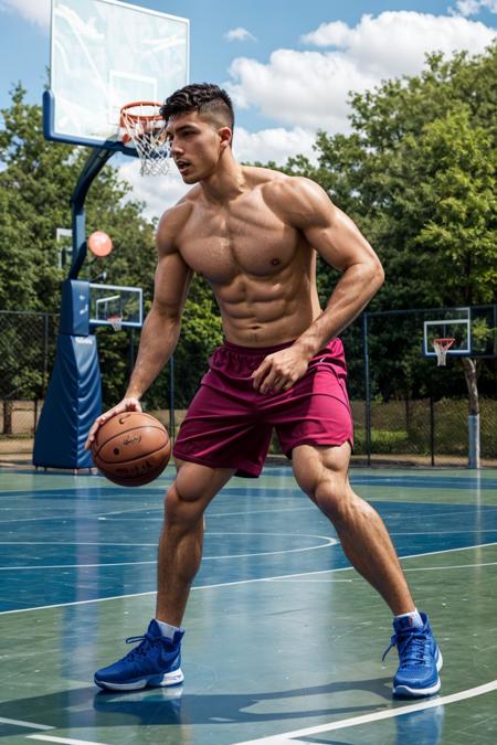 basketballplayer shirtless/tank top/basketball uniform/shirt, shorts, dynamic movement, ball, sneakers