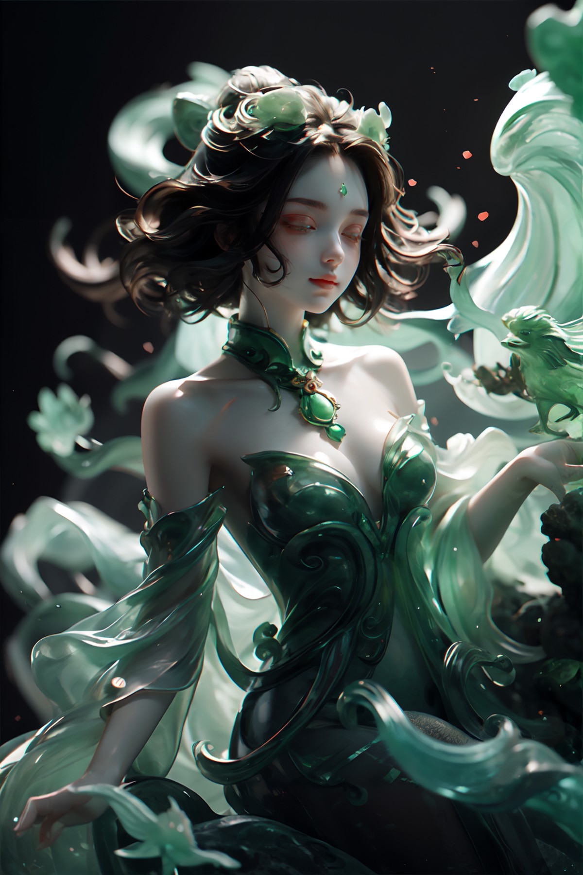 masterpiece,best quality, jade, jade sculpture, 1 girl , Strapless dress,  bare shoulders, short hair,  sea wave, ((coral)...
