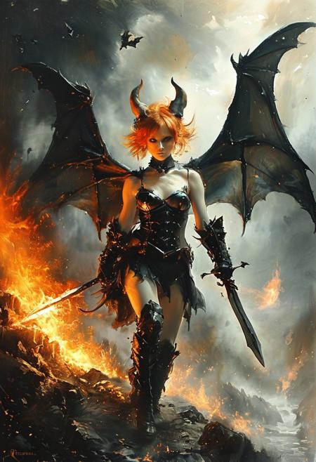 watercolor, dramatic, Greg Simkins style, beautiful demon girl, action pose, skinny body, bat wings, pixie style, pretty face, dedicated face, ginger hair, little horns, freckles, fire around, chocker, long metal gloves, armor, glowing sword in the hand, firestorm, advntr, style of Andreas Achenbach
