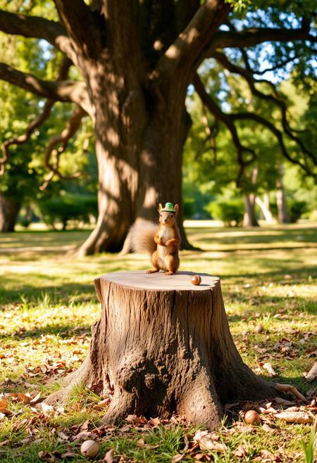 A sturdy old tree stump rests in the middle of a peaceful forest clearing, surrounded by soft grass and fallen leaves. A towering oak tree stands nearby, its branches swaying gently in the breeze. Perched atop the stump is a cute brown squirrel, its fluffy tail curled behind it. The squirrel wears a tiny, slightly tilted hat, giving it a charming, mischievous look. Warm sunlight filters through the leaves, casting dappled shadows across the scene, while a few acorns lie scattered around, hinting at the squirrel’s recent snack