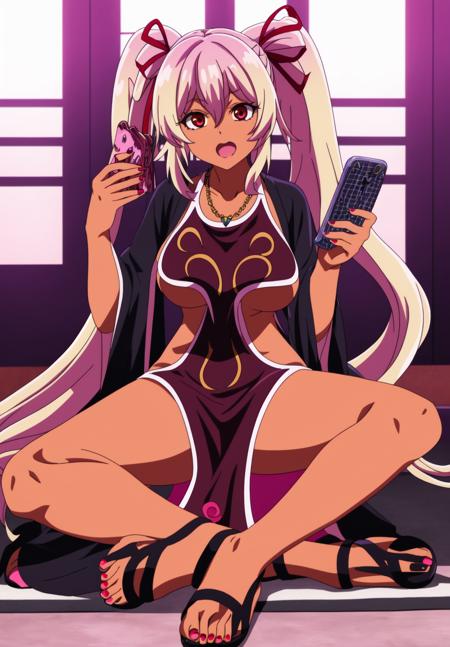 <lora:dakini:0.8>, dakini, 1girl, solo, long hair, looking at viewer, open mouth, bangs, large breasts, dress, ribbon, holding, jewelry, sitting, very long hair, tail, hair ribbon, pink hair, heart, sidelocks, fang, dark skin, wide sleeves, necklace, nail polish, black footwear, red ribbon, dark-skinned female, underboob, phone, sandals, demon girl, tan, demon tail, toenails, toenail polish