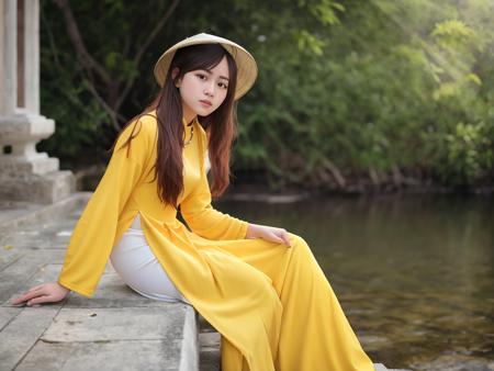 (((solo))), (((ultra photorealistic))), (((hyperrealistic))), high quality RAW color professional (((half body))) (portrait photo) of a Vietnamese girl 18 years old, ((yellow aodainu<lora:AoDaiNu_V6_LoCon:1>)), wearing ((yellow aodainu)) clothes with ((white (long pants))), long dress, (stand on the ancient city), (hyperrealistic the ancient city background), ((detailed full lips)), ((hyperrealist high detailed hair)), (looking at viewer:1.331), ((visible pores:0.3)), ((high detailed skin:0.9)), (Pale skin oily wet moist shiny sweat:0.8), (uneven skintone veins pale complexion:0.9), seduce sexy pose, intense, modelshoot style, artesian, DSLR, DLSR, art photographer, photographed on a FUJIFILM GFX 100S Camera, Fujifilm GF 63mm lens, F/6 aperture, tele angle, RAW photo ((ultra-detailed)), highly detailed (analog photography), (film grain:0.5), sharp outline, (((sharp focus on face))), (depth of field), POV, 8K, UHD, key light, backlit, diffused soft light, soft lighting, lens flare, natural warm lighting, light from above, (strong front main lighting), crystal clear, high res, photorealistic, depth layering, physically-based rendering, (Ultra detailed)