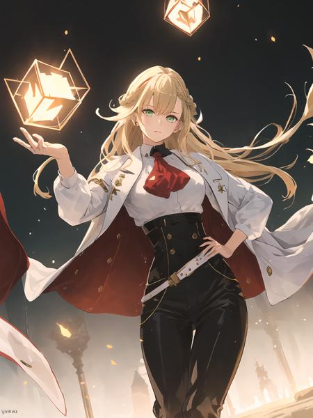 masterpiece,best quality,highres,cinematic lighting,dramatic angle,1girl,braid,blonde hair,glowing eyes,shaded face,white jacket,belt,high-waist pants,red ascot,black pants,white shirt,multicolored hair,green eyes,<lora:ShadowverseNahtV2-000015:0.8:lbw=1,1,0.1,0.1,0.8,0.8,0.2,0.2,0.8,1,1,1,1,1,1,1,1>,glowing sealed cube,looking at viewer,glowing eyes,grasp,hand on hip,