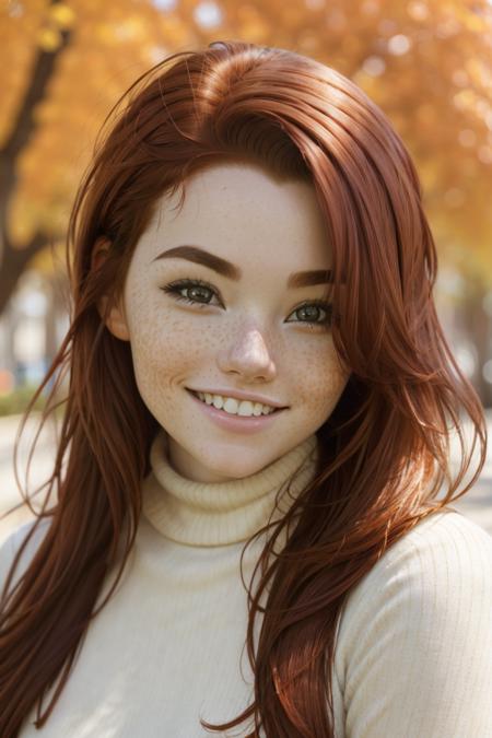 portrait, headshot, modelshoot style, looking at viewer, straight-on,
sablynn, 1girl, red hair, long hair, freckles, smile, grin, teeth,
orange turtle neck sweater,
realistic, skin detail, detailed eyes,
outdoors, autumn, depth of field, blurred background, cold volumetric lighting, masterpiece, best quality
<lora:Sabrina_Lynn_v3-06:0.8>