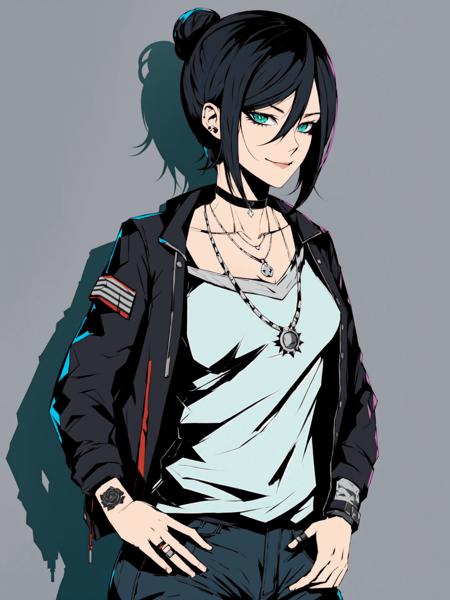 Defaults17Style, 1girl, solo, reze (chainsaw man), black hair, bandaid, green eyes, breasts, shorts, smile, choker, jacket, looking at viewer, hair between eyes, tattoo, black choker, hair bun, hand on hip, simple background, necklace, shadow, short hair, shirt, alternate costume, cowboy shot, torn clothes, single hair bun, blue background, medium breasts, jewelry, black shorts