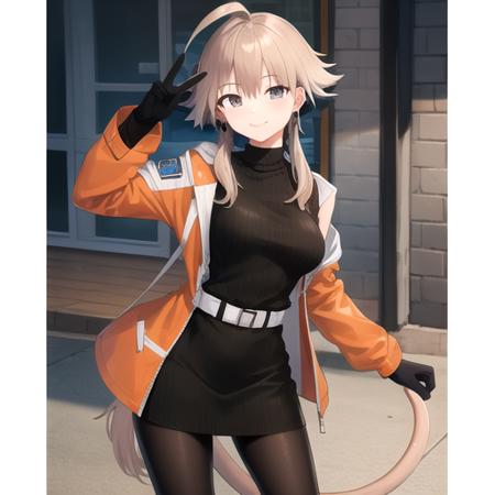 ((masterpiece)),(best quality),official art,extremely detailed CG,unity 8k wallpaper,ultra detailed,1girl,solo,cowboy shot,black_gloves,orange_footwear,tail,orange_jacket,ribbed_sweater,open_jacket,smile,black_pantyhose,black_sweater,sidelocks,sneakers,boots,bangs,brown_eyes,breasts,grey_eyes,long_sleeves,looking_at_viewer,ahoge,turtleneck_sweater,short_hair_with_long_locks,<lora:Mayer(ark)>,