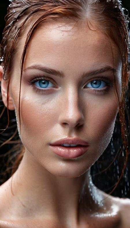 portrait of a unique breathtaking and beautiful woman face close-up, stunning detail, detailed blue eyes, wet auburn hair, detailed skin, smooth hair elegantly draped around her neck, full lips, high cheekbones, in rain, captured in masterful composition, lighting accentuate her natural beauty, gentle shadows and highlights, dark background, wet skin
