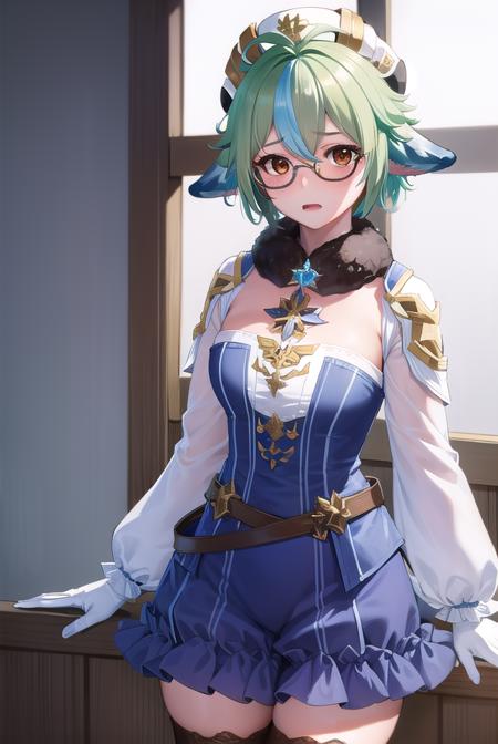 sucrose, <lora:sucrose-lora-nochekaiser:1>,
sucrose, ahoge, animal ears, (brown eyes:1.5), glasses, gradient hair, hair between eyes, messy hair, multicolored hair, semi-rimless eyewear, short hair, green hair, <lora:yudedako_v100:1>, <lora:wavymouth_type2_v100:1>, open mouth,
BREAK frills, fur collar, gem, gloves, green thighhighs, long sleeves, thighhighs, white headwear, zettai ryouiki, skirt, blue skirt,
BREAK indoors, laboratory,
BREAK looking at viewer, (cowboy shot:1.5),
BREAK <lyco:GoodHands-beta2:1>, (masterpiece:1.2), best quality, high resolution, unity 8k wallpaper, (illustration:0.8), (beautiful detailed eyes:1.6), extremely detailed face, perfect lighting, extremely detailed CG, (perfect hands, perfect anatomy),