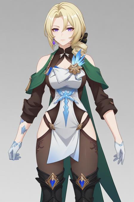 cocolia \(honkai: star rail\),single earring,hair ornament,brown tight bodysuit,white dress,bare shoulders,brown detached sleeves,corsage,medal,brown pantyhose,blue gloves,white gloves,green cape,black thigh boots,
