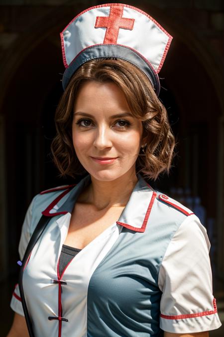 nurse costume ,  tower , day  <lora:Tina_Fey:1> 1girl, solo, a mature t1873f, masterpiece, best quality, detailed face,