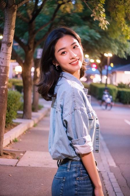 Best Quality,Masterpiece,Ultra High Resolution,(Realisticity:1.4),Original Photo,Cinematic Lighting,
HongKong Style,HongKong, 1girl, 1boy, brown hair, smile, building, outdoors, shirt, city, realistic, tree, denim, jeans, black hair, skirt, photo background, road