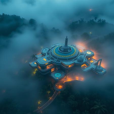 aerial view, a futuristic research complex in a bright foggy jungle, hard lighting