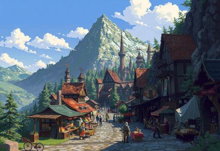 pixel art of a fantasy city that is sorounded by nature and a big mountain. THe sky is clear and only a few clouds are vivible. The city has a big marketplace where different humans, elfs, orks, dwarf and other species buy and selling food and weapons. many eating a nice mel or enjoy a good drink of beer and wine. the street have coublestone and are clean.