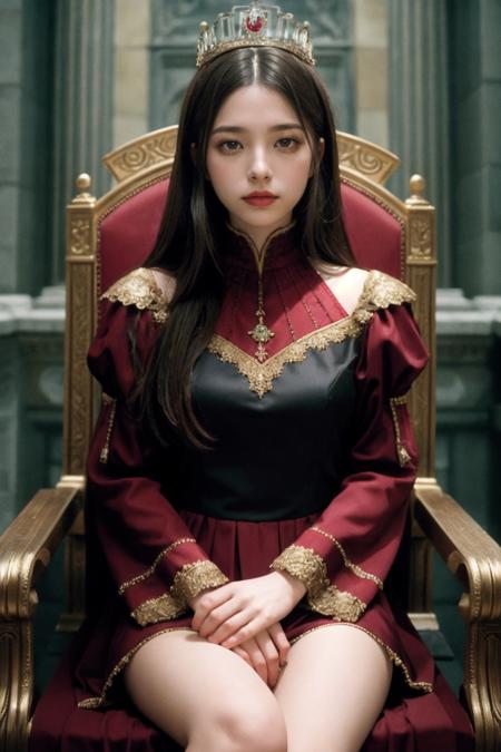 <lora:AiUehara_Jav-02:1>, 1girl, sitting (on a throne, in a castle, throne room), wearing (high neck dark red queen dress, crown), (modern photography), 85mm, (analog, cinematic, film grain:1.3), (looking at viewer:1.2), detailed eyes, natural smooth skin texture, light makeup, epiCPhoto, <lora:add_detail:0.5>
