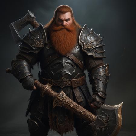 (Dwarf warrior:1.3), tall and broad, wearing heavy black armor with a subtle reflection from dim yellow lighting, holding a large two-handed axe. His face is visible, with a long dark orange beard and matching hair. The scene is in low, moody lighting, highlighting his formidable presence. The environment has a warm, shadowy atmosphere with light softly bouncing off his armor. Epic, highly detailed, realistic, masterpiece, cinematic.