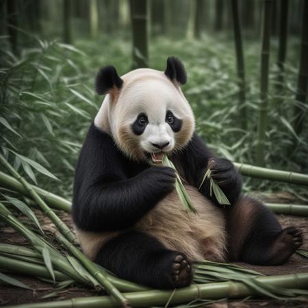 panda feeding on bamboo in the bamboo forest, very realistic photography