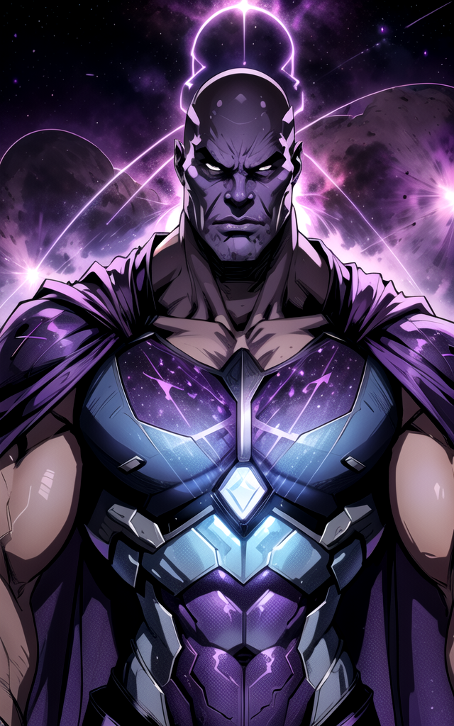 man, male focus, stunning angry Thanos, bald, purple cape, nebula space background, volumetric light, upper body, muscle, ...