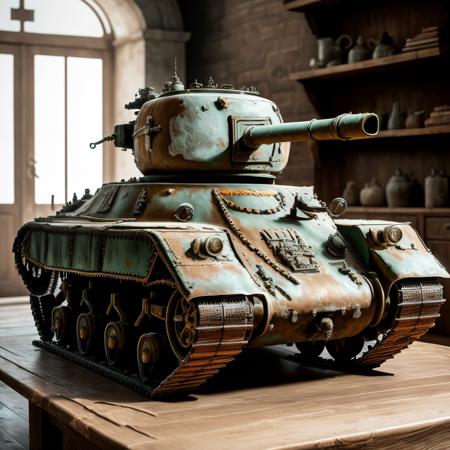 a (bronzecd) tank, toy model, (solo:1.2), <lora:bronzecd-000010:0.7>, no humans, high quality, masterpiece, realistic, photorealistic, (indoors, on table:1.2)